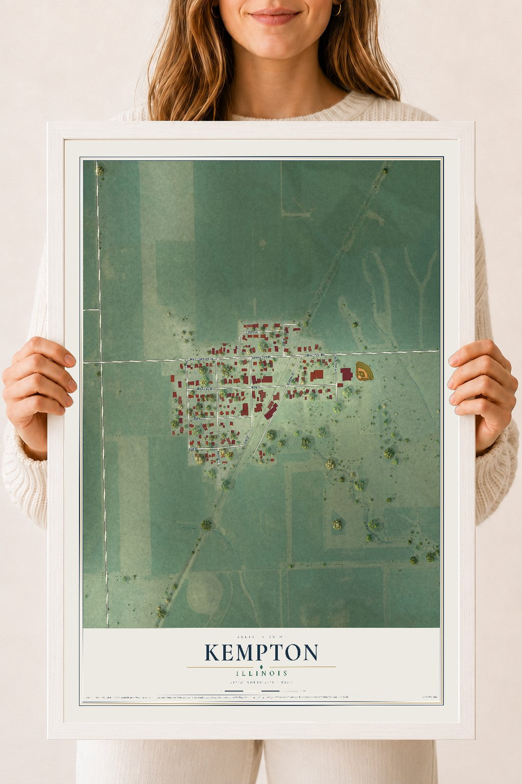 Map of Kempton, Illinois, 18 x 24 inch print in a white wood frame