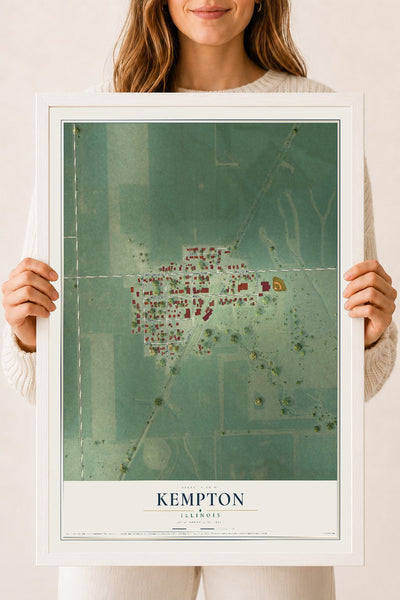 Map of Kempton, Illinois, 18 x 24 inch print in a white wood frame