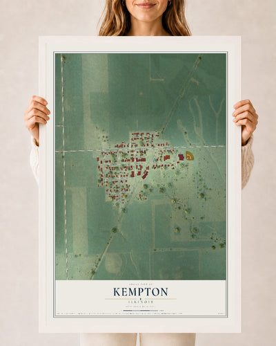 Map of Kempton, Illinois, 24 x 36 inch print in a white wood frame