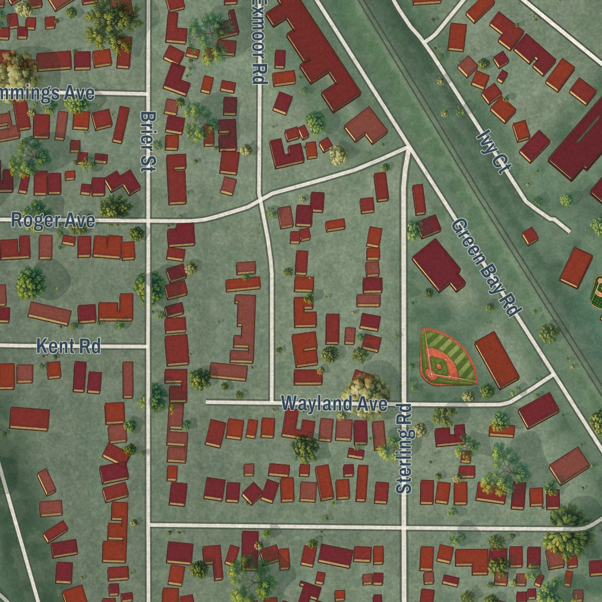 Close-up of the map of Kenilworth, Illinois print showing street and building detail