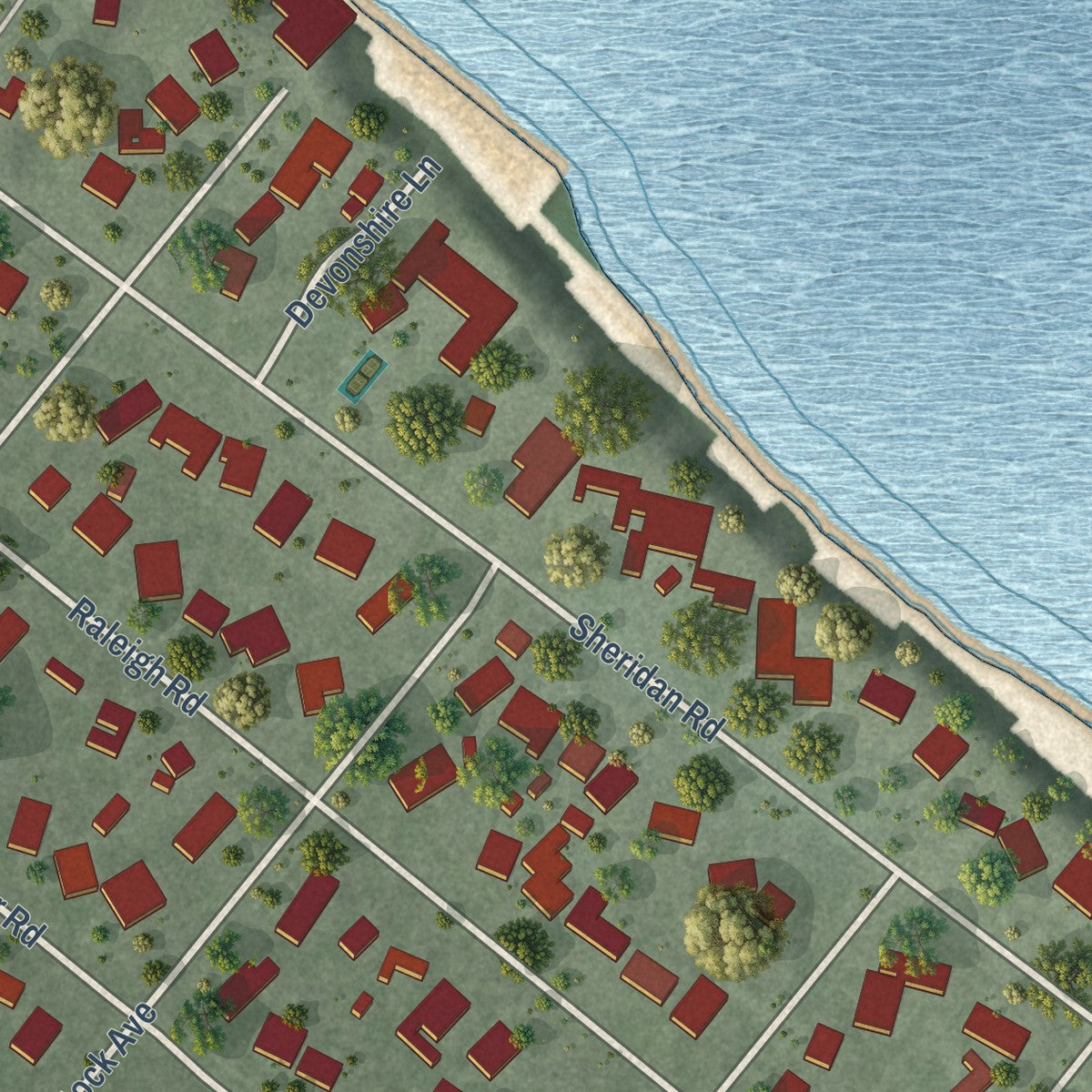Second close-up of the map of Kenilworth, Illinois print showing more streets and buildings
