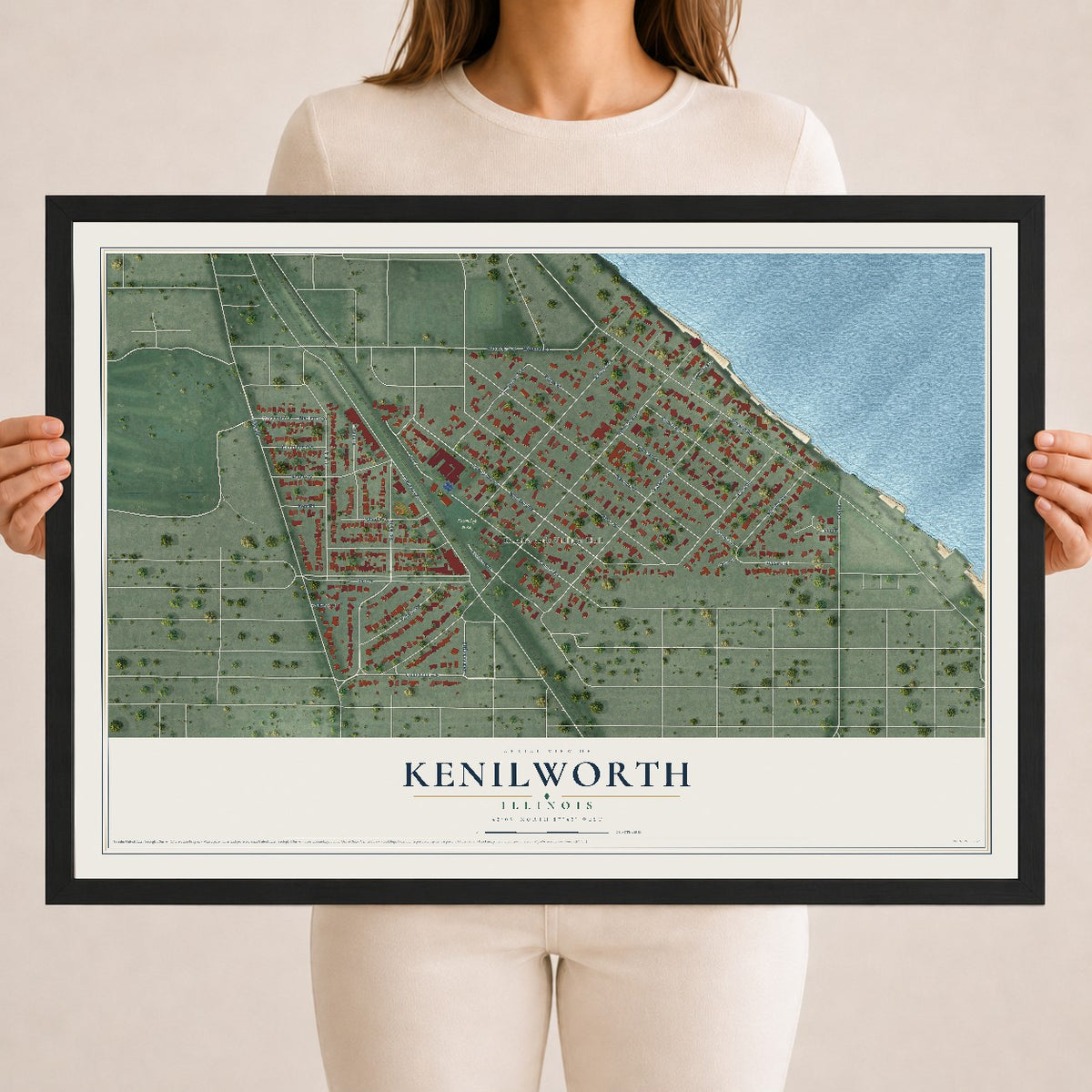 Map of Kenilworth, Illinois, 18 x 24 inch print in a black wood frame