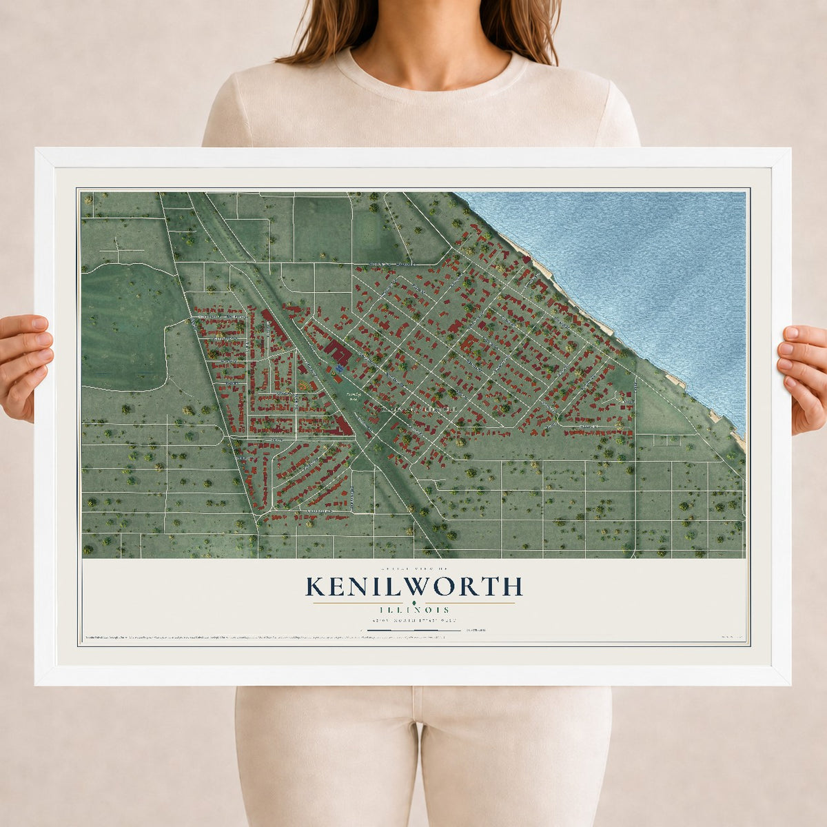 Map of Kenilworth, Illinois, 18 x 24 inch print in a white wood frame