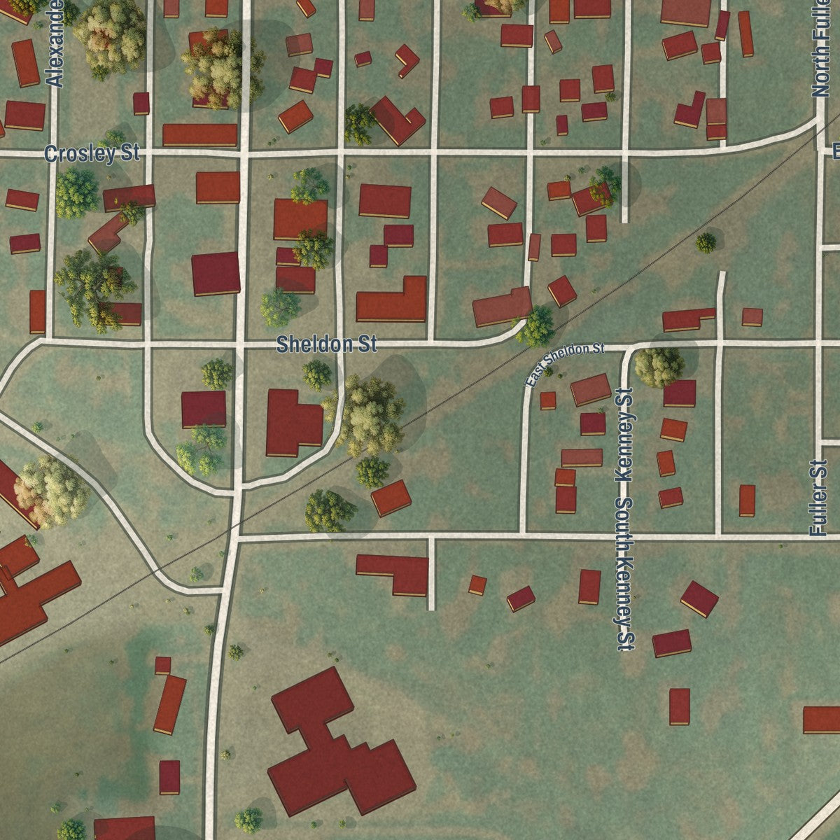 Close-up of the map of Kenney, Illinois print showing street and building detail