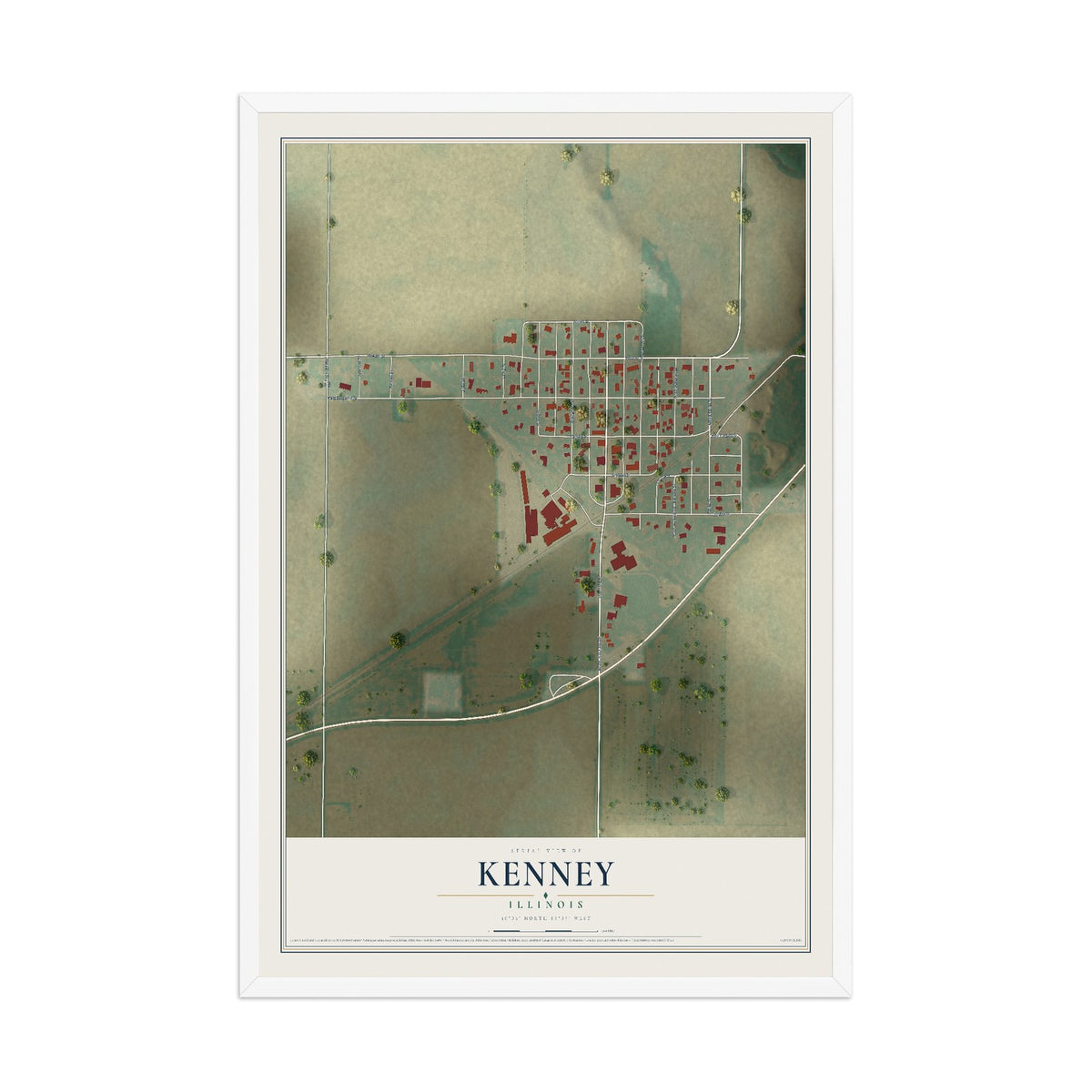 Map of Kenney, Illinois, 12 x 18 inch print in a white wood frame