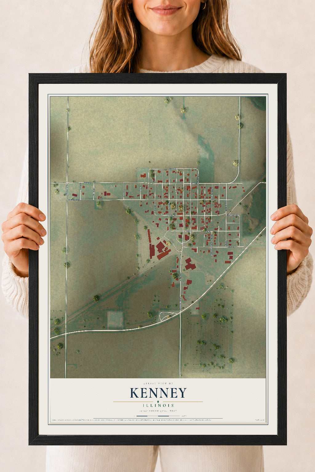 Map of Kenney, Illinois, 18 x 24 inch print in a black wood frame