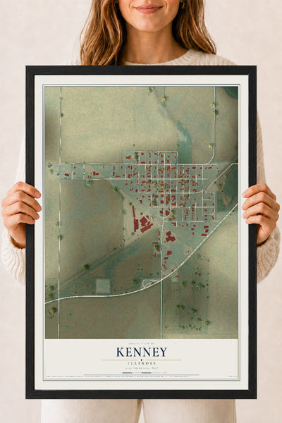 Map of Kenney, Illinois, 18 x 24 inch print in a black wood frame