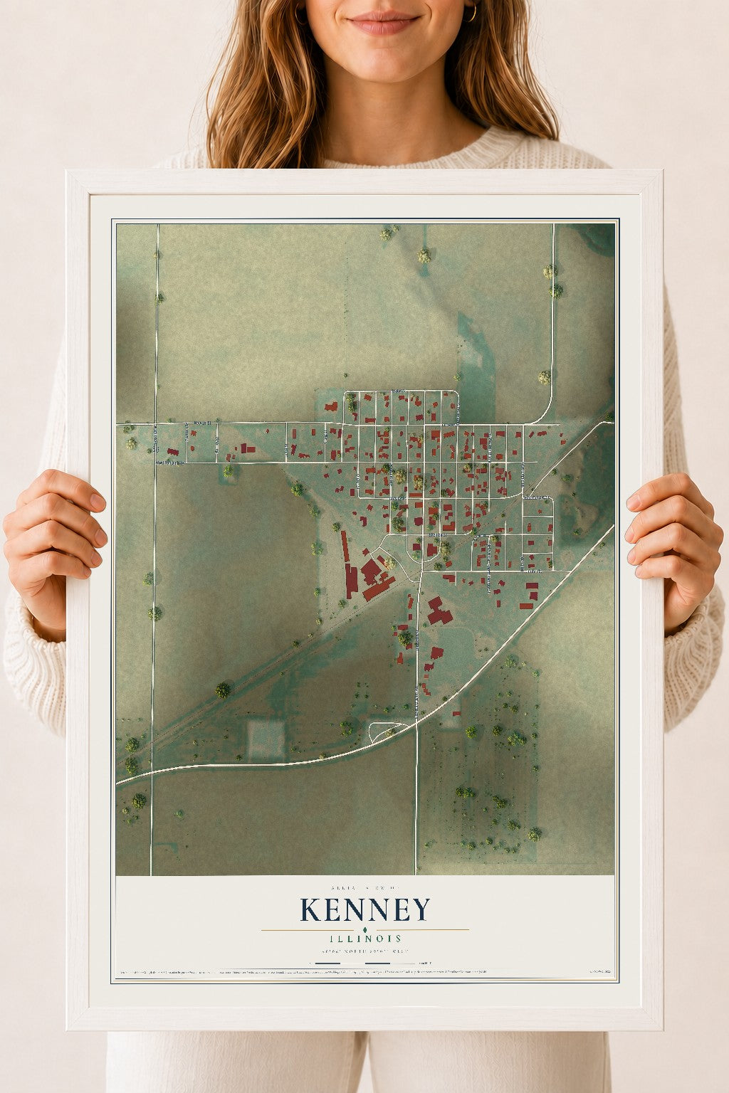 Map of Kenney, Illinois, 18 x 24 inch print in a white wood frame