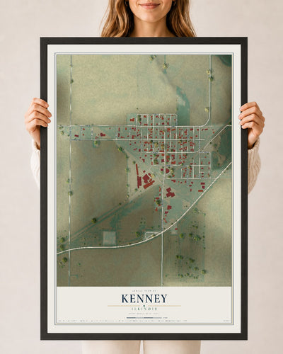 Map of Kenney, Illinois, 24 x 36 inch print in a black wood frame