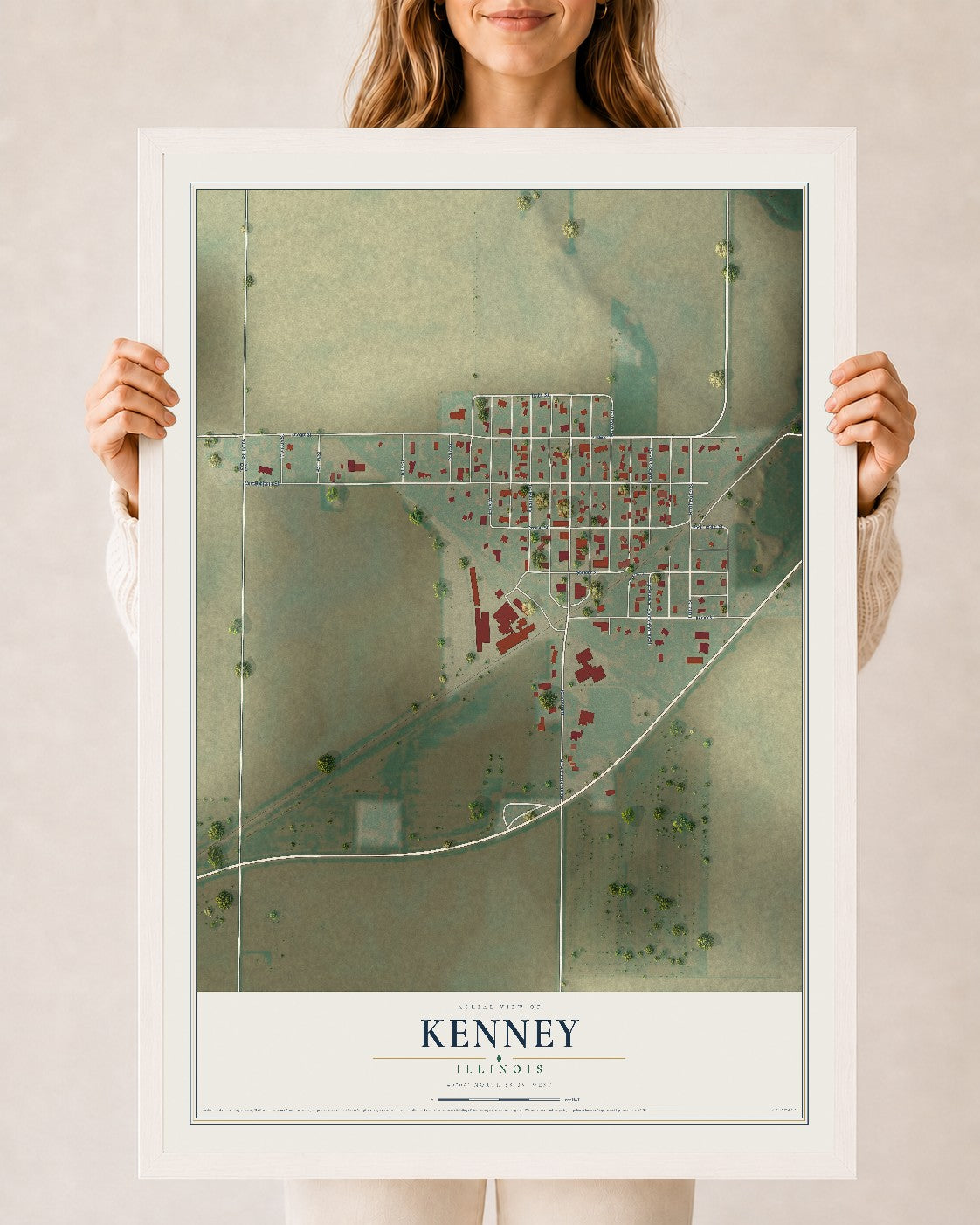 Map of Kenney, Illinois, 24 x 36 inch print in a white wood frame