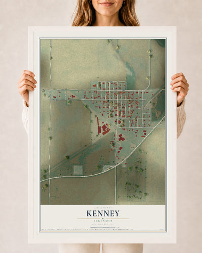 Map of Kenney, Illinois, 24 x 36 inch print in a white wood frame