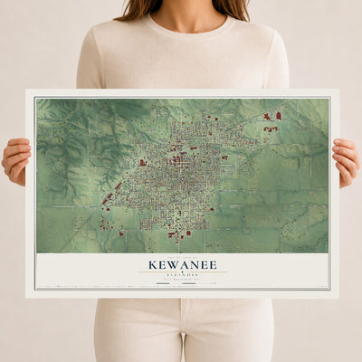 Map of Kewanee, Illinois, 12 x 18 inch unframed archival matte print