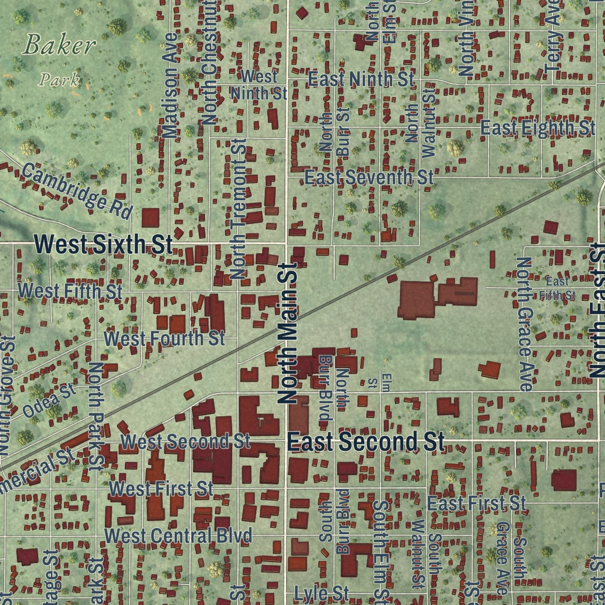 Second close-up of the map of Kewanee, Illinois print showing more streets and buildings