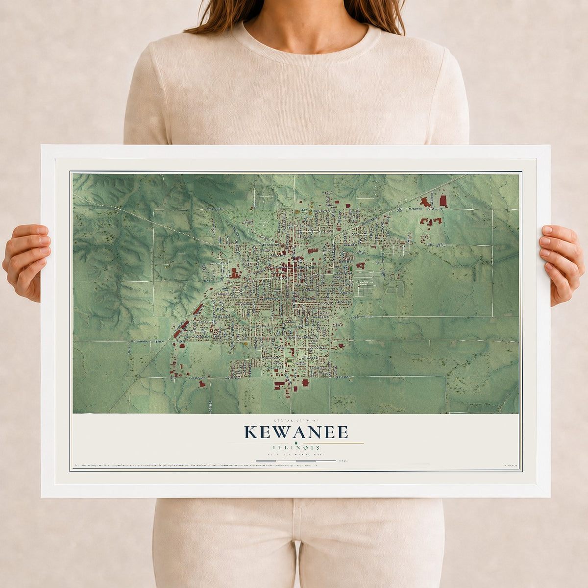 Map of Kewanee, Illinois, 12 x 18 inch print in a white wood frame