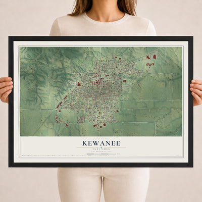 Map of Kewanee, Illinois, 18 x 24 inch print in a black wood frame