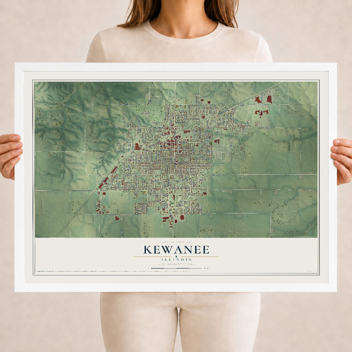 Map of Kewanee, Illinois, 18 x 24 inch print in a white wood frame
