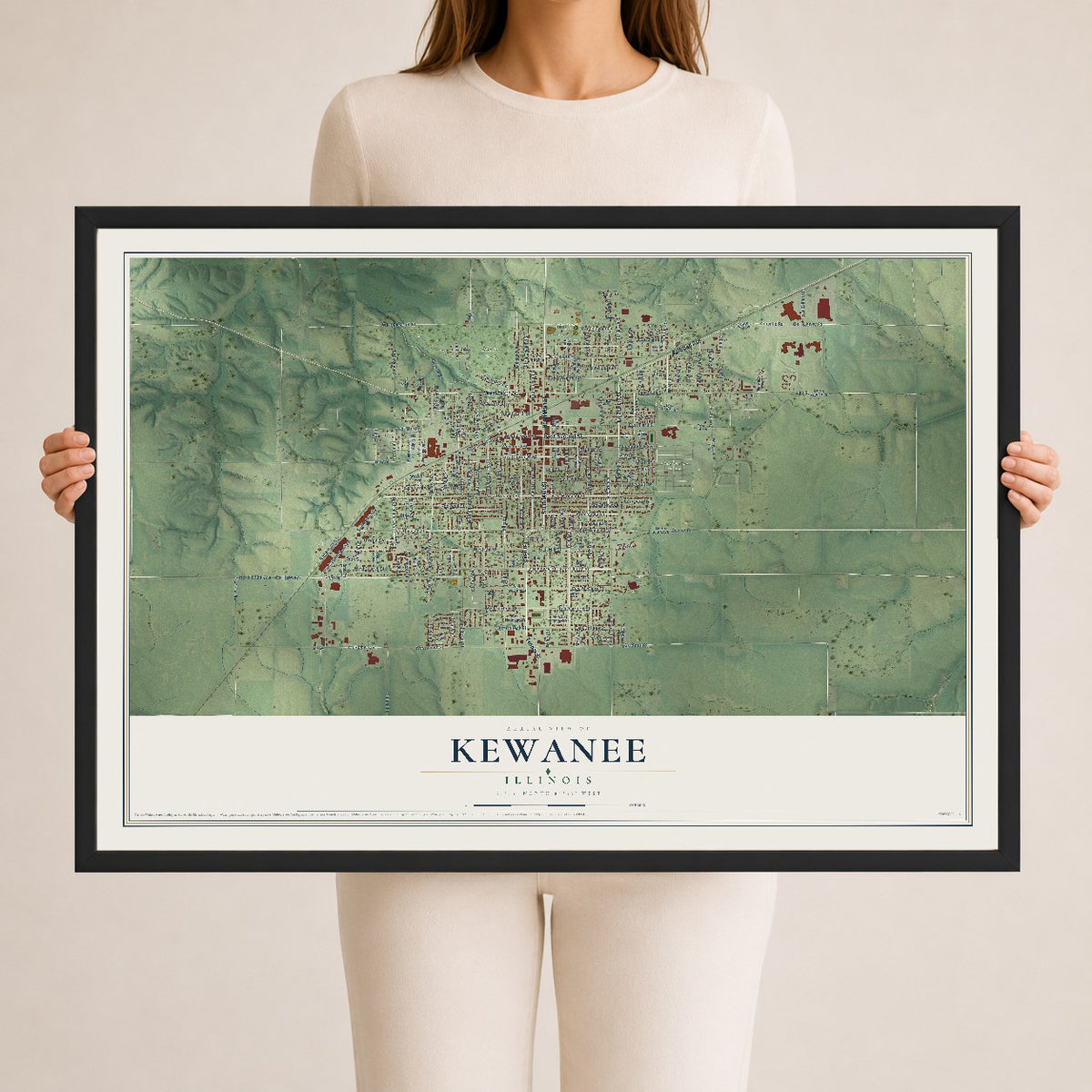 Map of Kewanee, Illinois, 24 x 36 inch print in a black wood frame