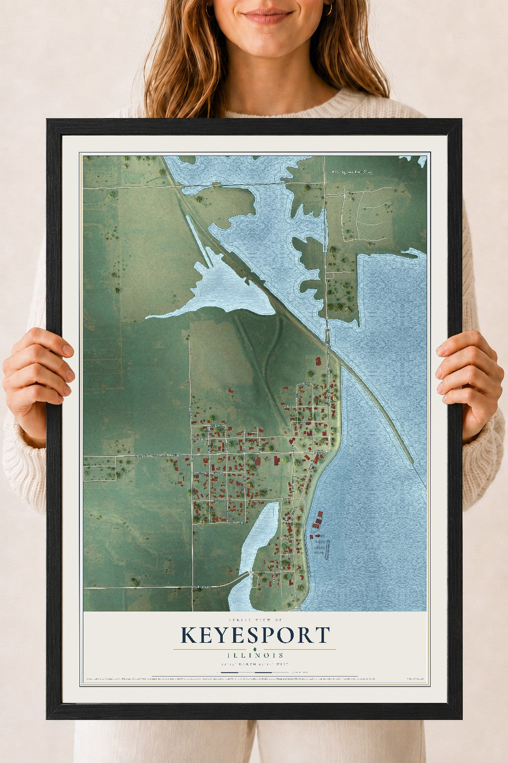 Map of Keyesport, Illinois, 18 x 24 inch print in a black wood frame