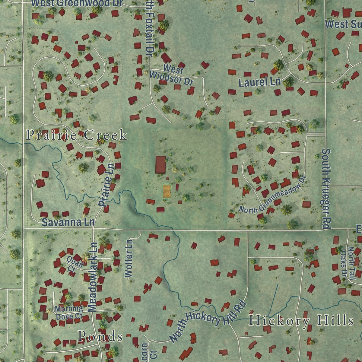 Close-up of the map of Kildeer, Illinois print showing street and building detail