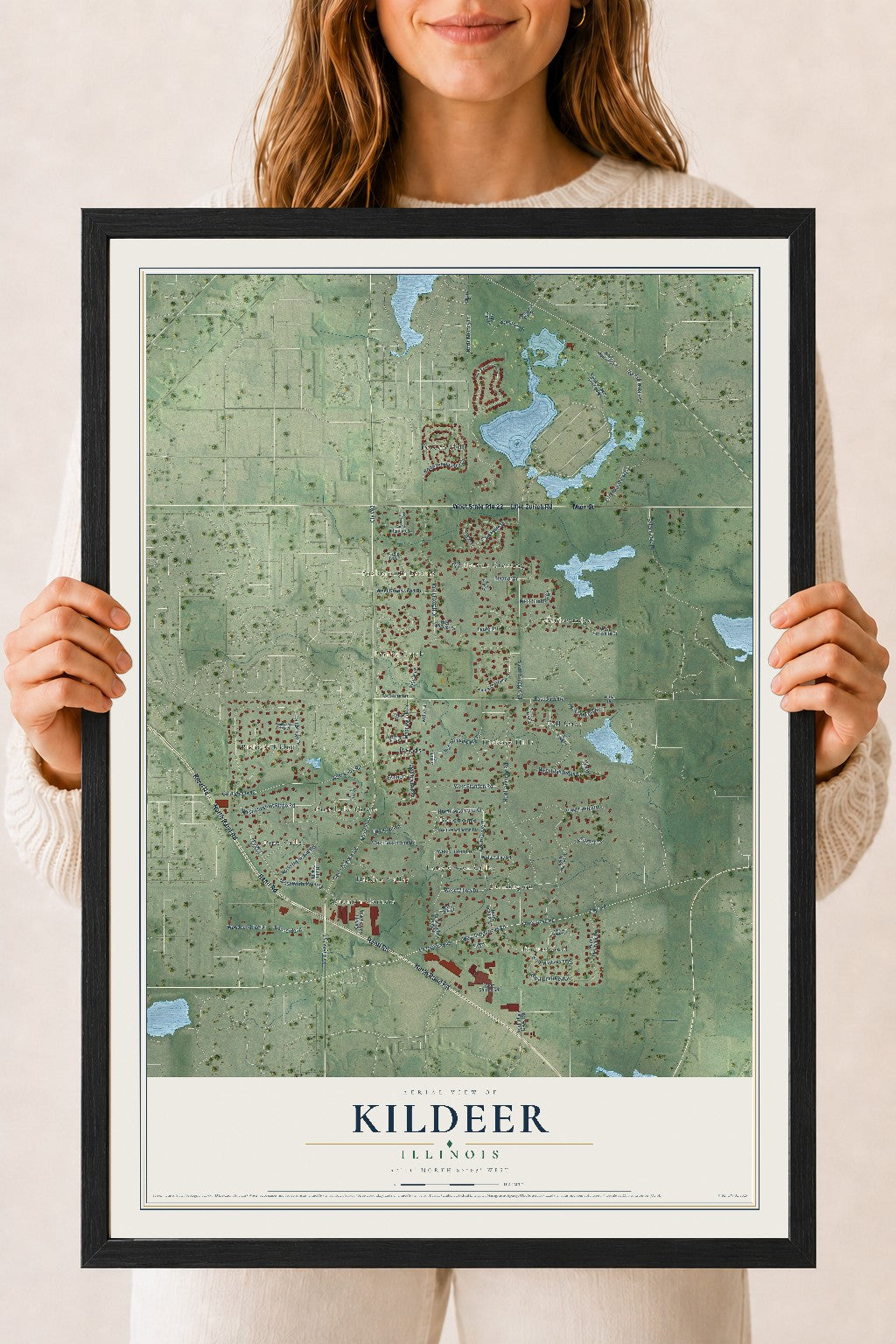 Map of Kildeer, Illinois, 18 x 24 inch print in a black wood frame