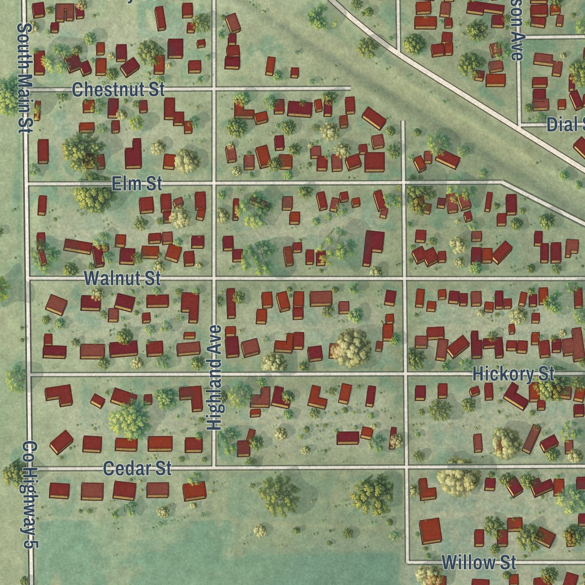 Close-up of the map of Kincaid, Illinois print showing street and building detail
