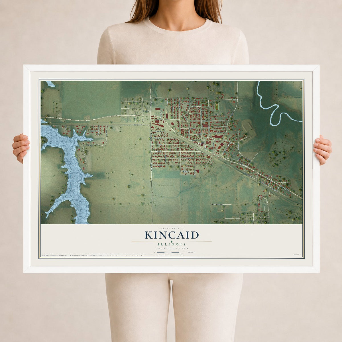 Map of Kincaid, Illinois, 24 x 36 inch print in a white wood frame