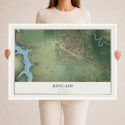 Map of Kincaid, Illinois, 24 x 36 inch print in a white wood frame