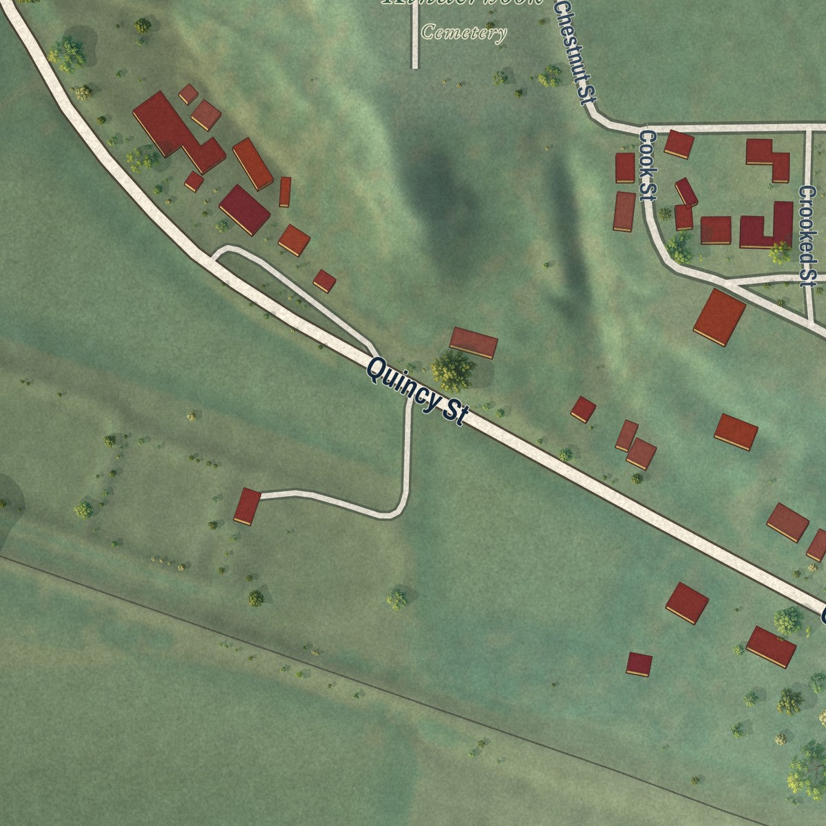 Second close-up of the map of Kinderhook, Illinois print showing more streets and buildings