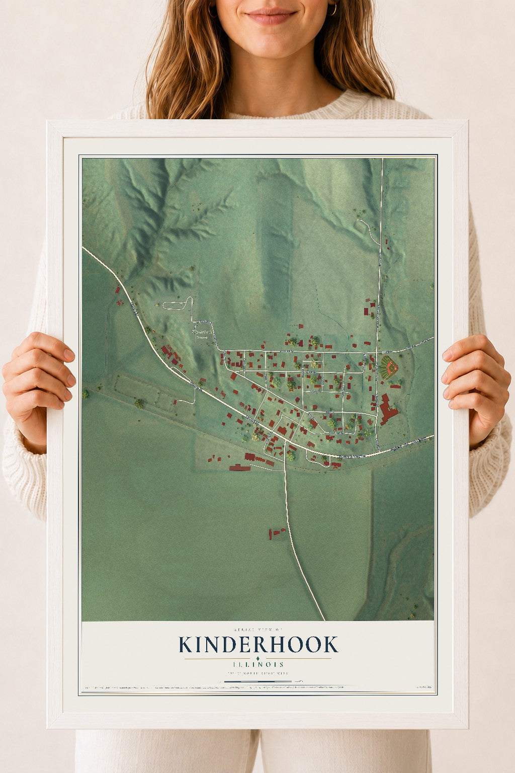 Map of Kinderhook, Illinois, 18 x 24 inch print in a white wood frame