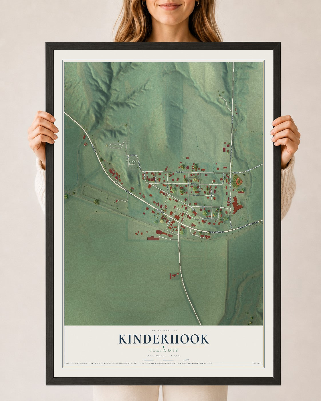 Map of Kinderhook, Illinois, 24 x 36 inch print in a black wood frame