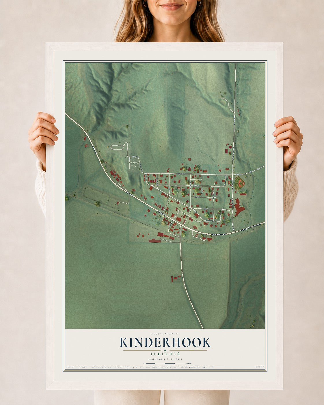 Map of Kinderhook, Illinois, 24 x 36 inch print in a white wood frame