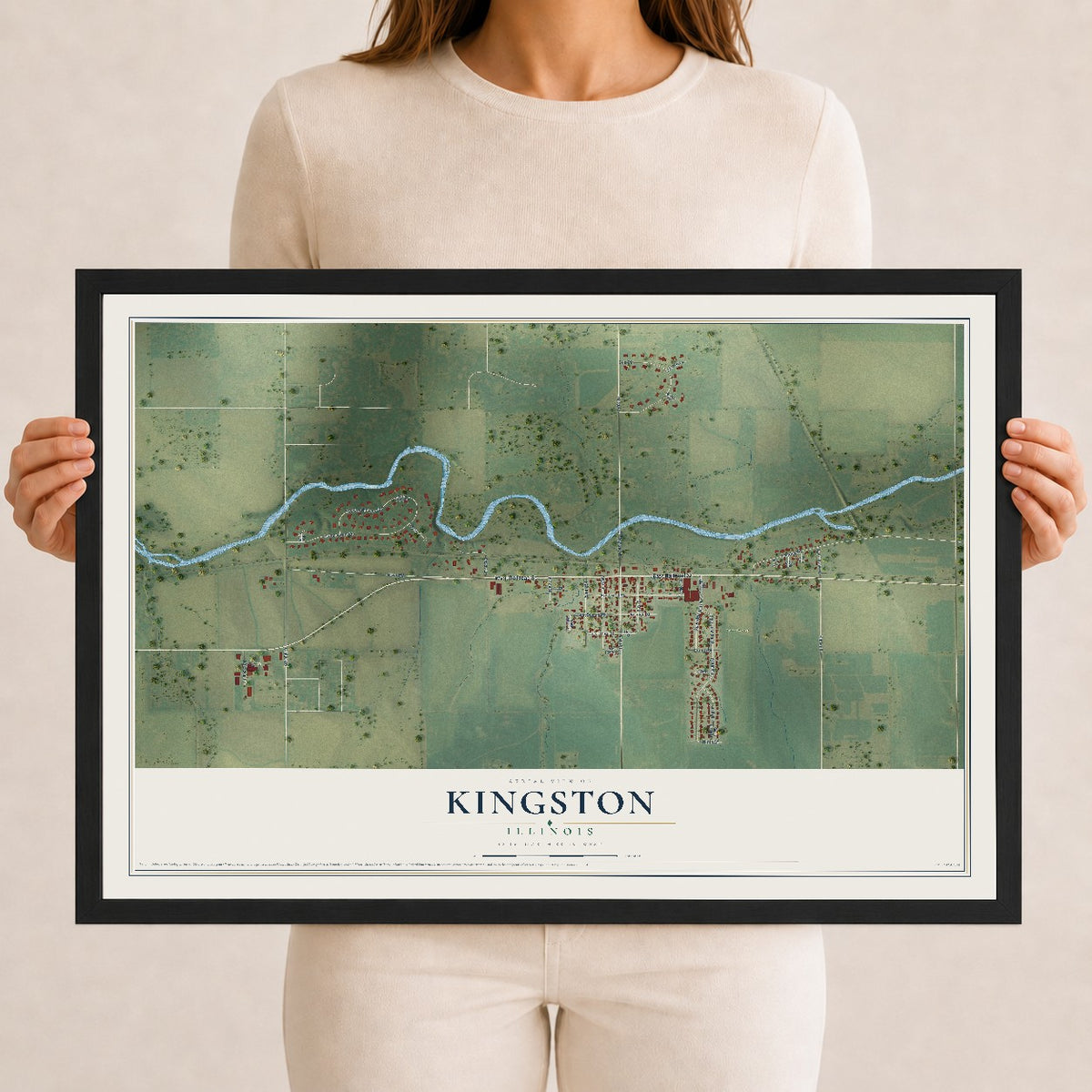 Map of Kingston, Illinois, 12 x 18 inch print in a black wood frame