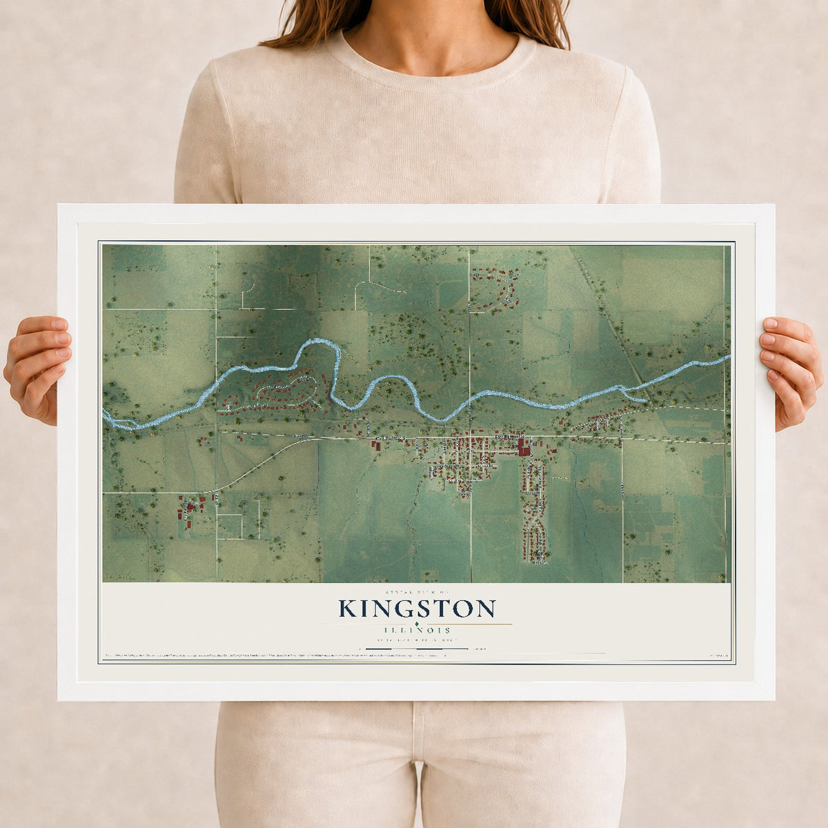 Map of Kingston, Illinois, 12 x 18 inch print in a white wood frame