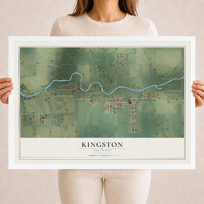 Map of Kingston, Illinois, 18 x 24 inch print in a white wood frame