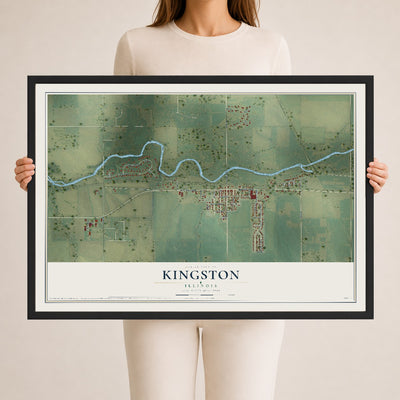 Map of Kingston, Illinois, 24 x 36 inch print in a black wood frame