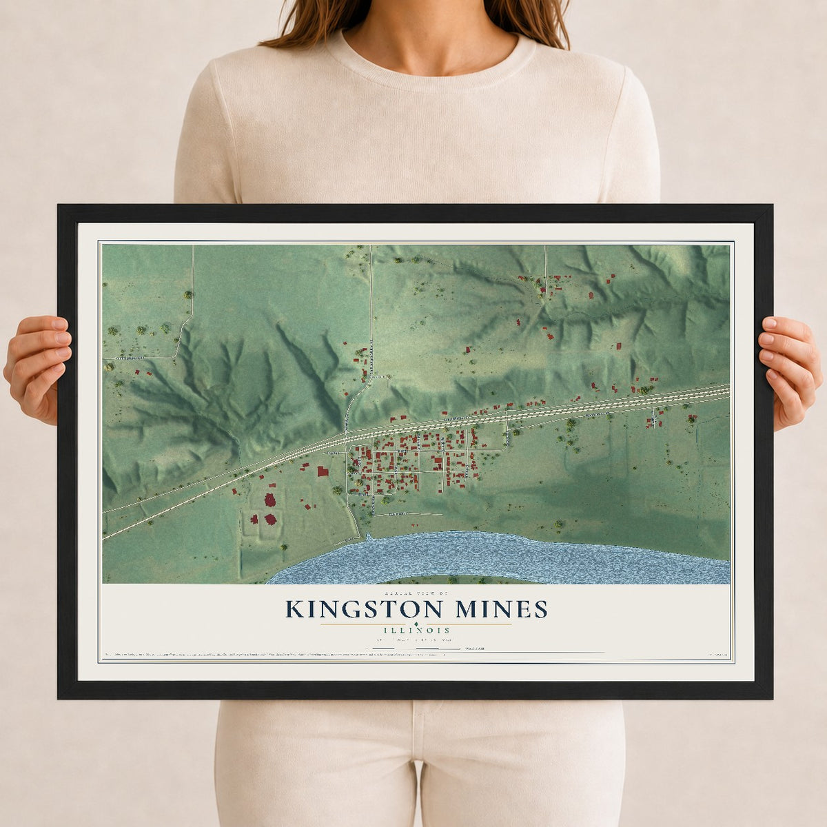 Map of Kingston Mines, Illinois, 12 x 18 inch print in a black wood frame