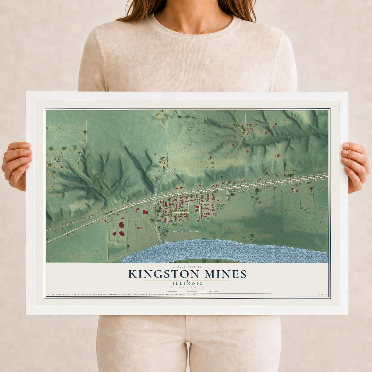 Map of Kingston Mines, Illinois, 12 x 18 inch print in a white wood frame