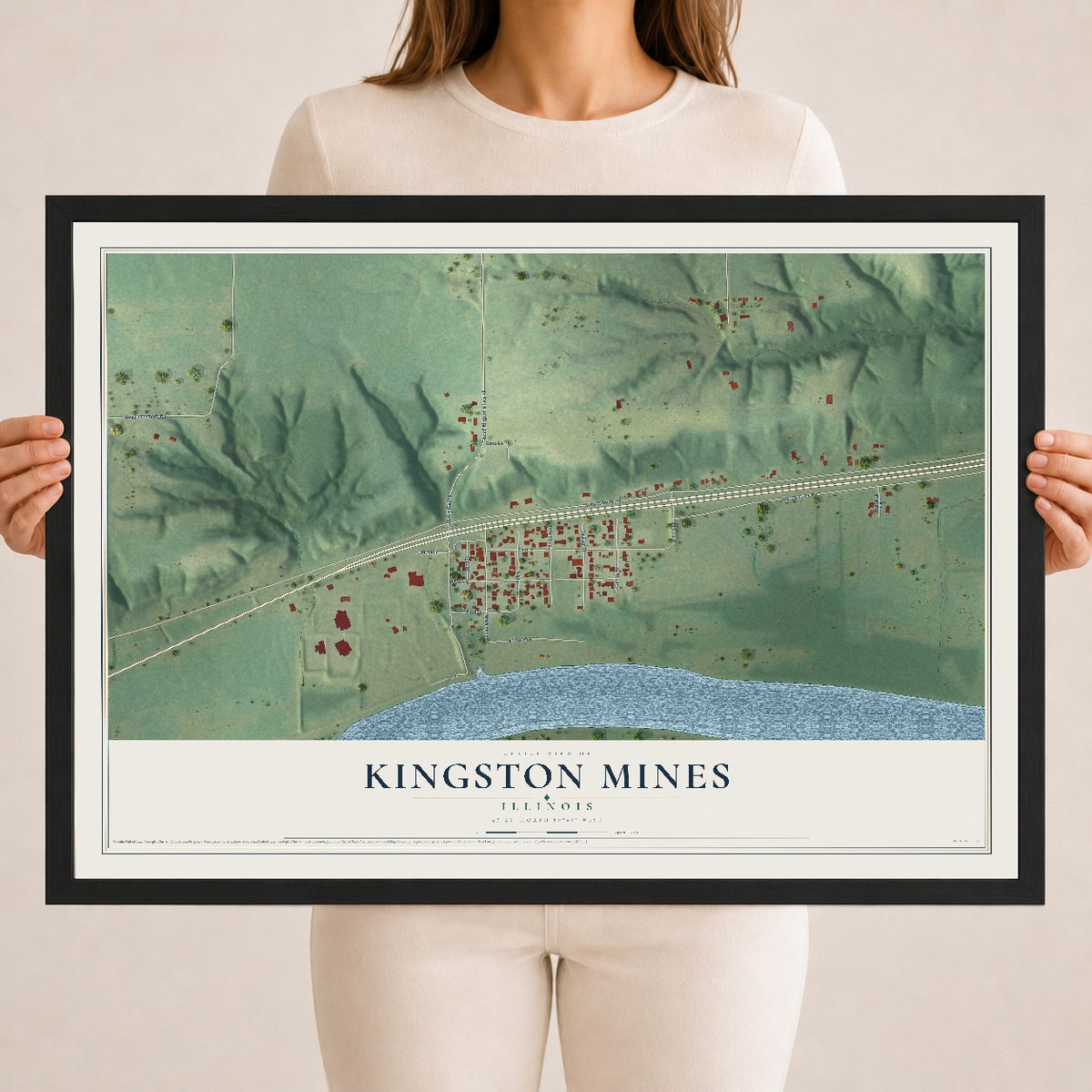 Map of Kingston Mines, Illinois, 18 x 24 inch print in a black wood frame