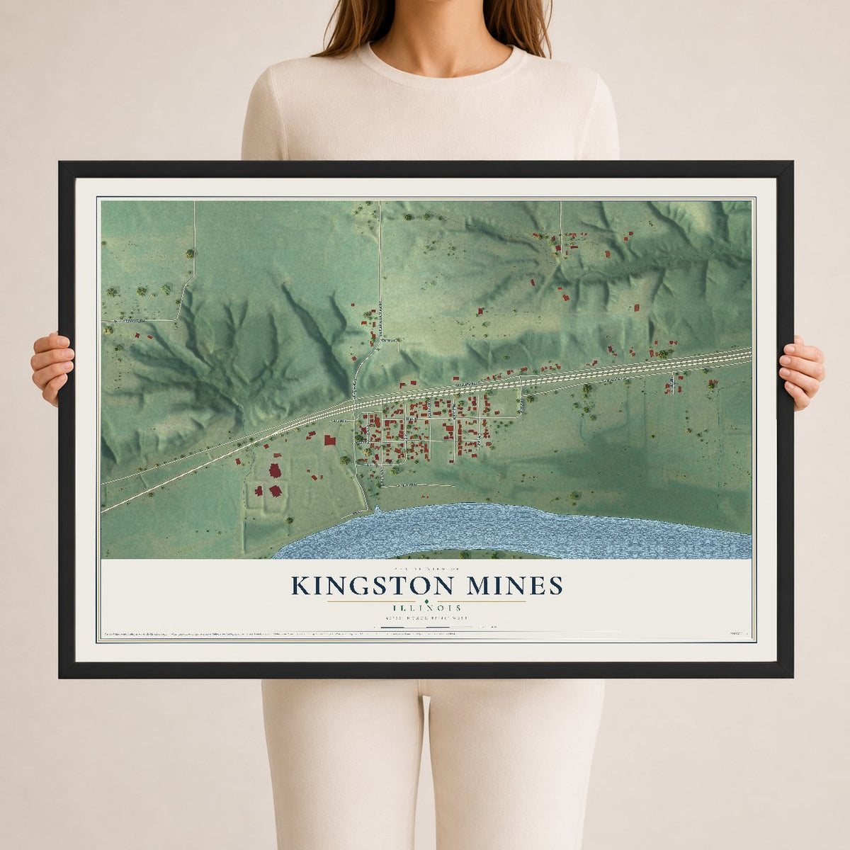 Map of Kingston Mines, Illinois, 24 x 36 inch print in a black wood frame