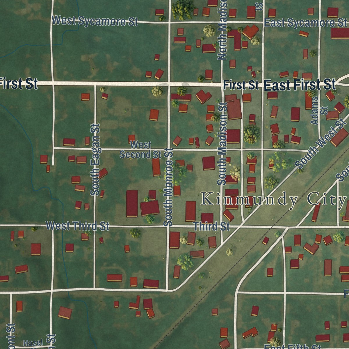Close-up of the map of Kinmundy, Illinois print showing street and building detail