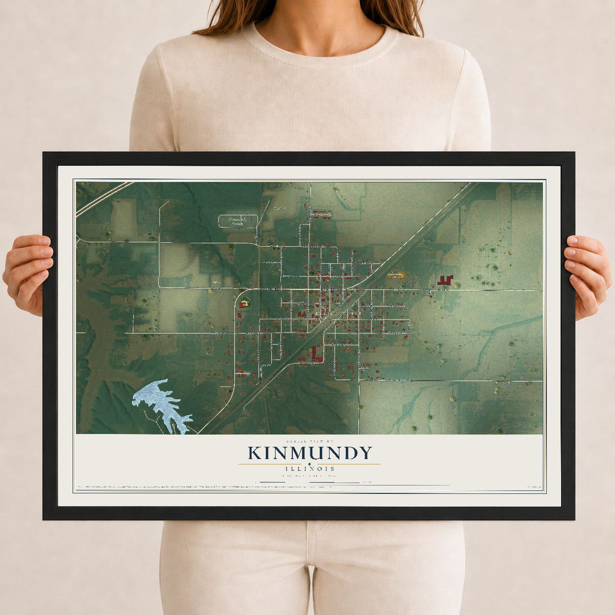 Map of Kinmundy, Illinois, 12 x 18 inch print in a black wood frame