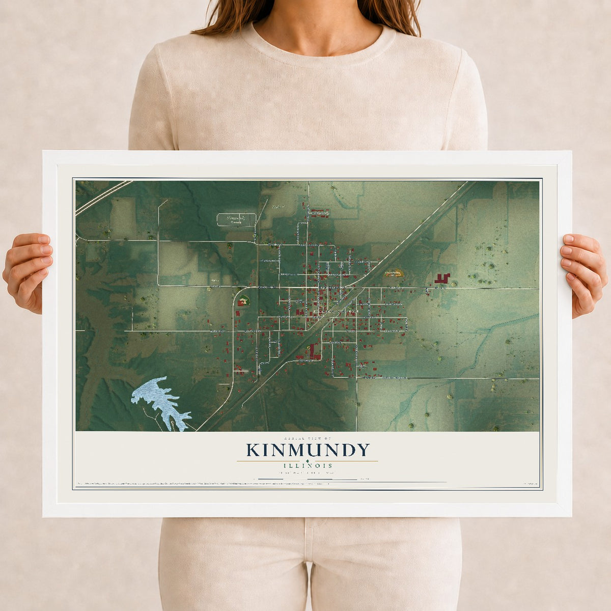 Map of Kinmundy, Illinois, 12 x 18 inch print in a white wood frame