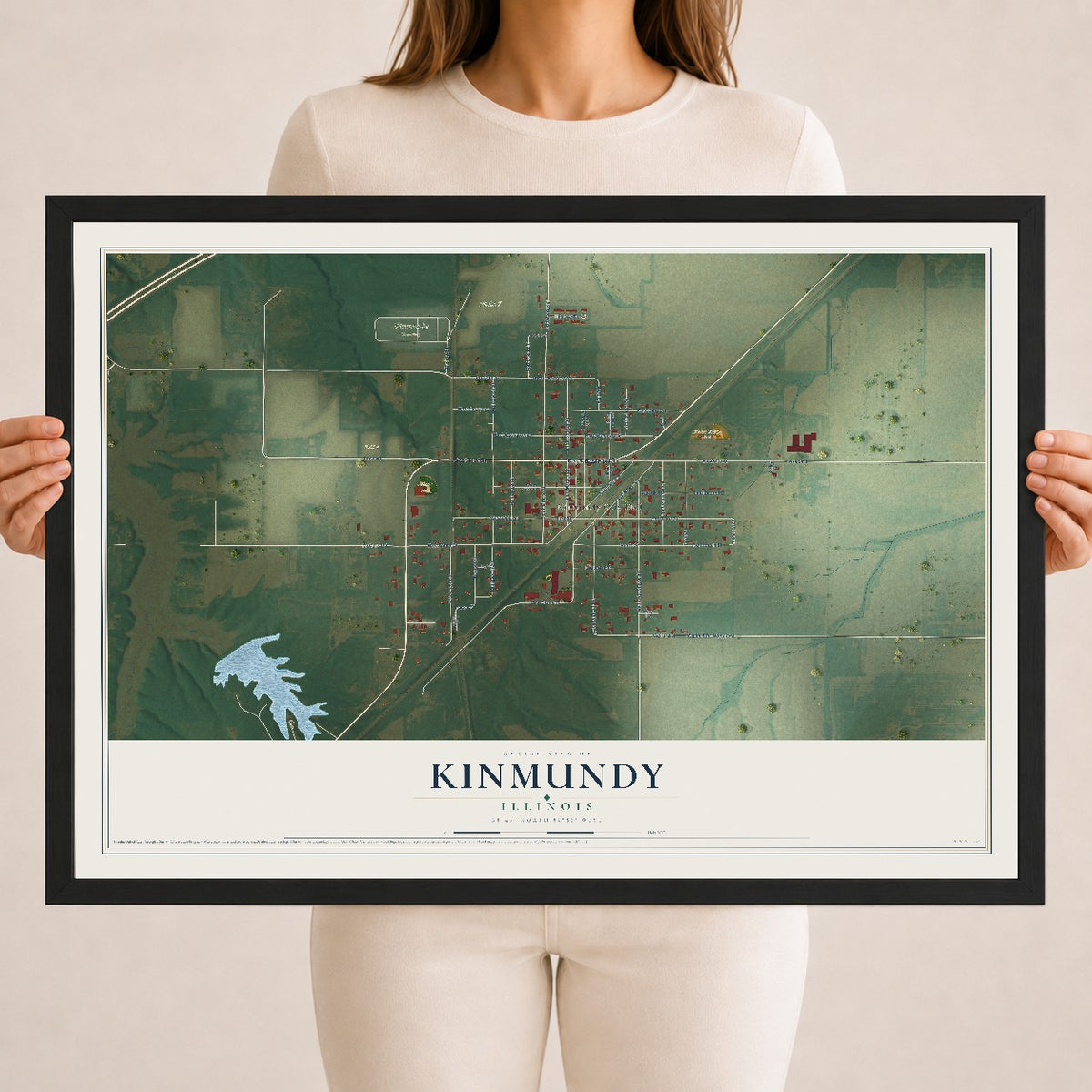 Map of Kinmundy, Illinois, 18 x 24 inch print in a black wood frame