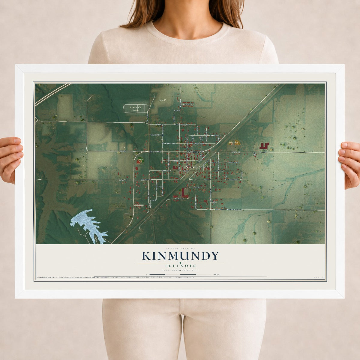Map of Kinmundy, Illinois, 18 x 24 inch print in a white wood frame