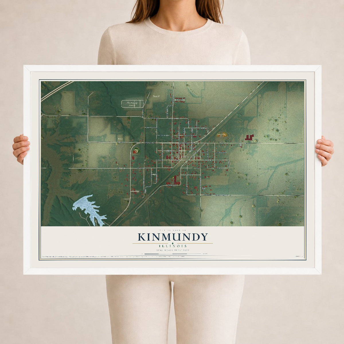 Map of Kinmundy, Illinois, 24 x 36 inch print in a white wood frame