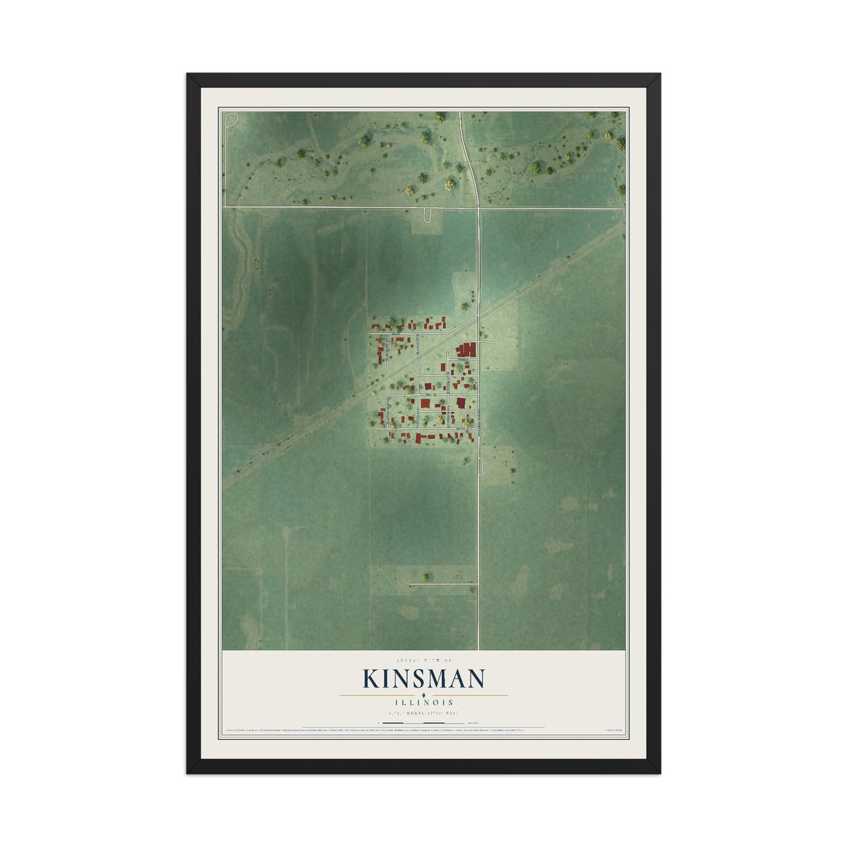 Map of Kinsman, Illinois, 12 x 18 inch print in a black wood frame