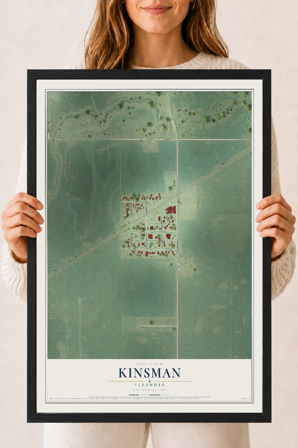 Map of Kinsman, Illinois, 18 x 24 inch print in a black wood frame