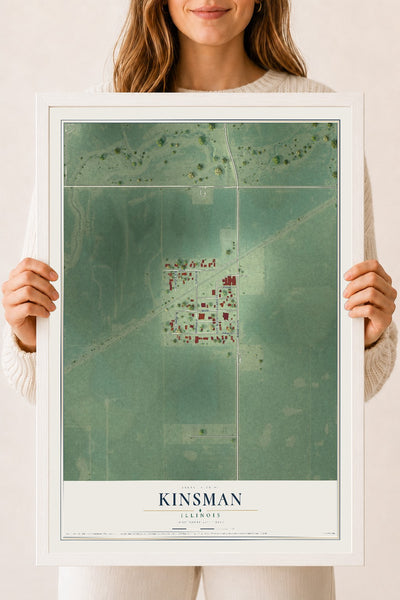 Map of Kinsman, Illinois, 18 x 24 inch print in a white wood frame