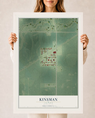 Map of Kinsman, Illinois, 24 x 36 inch print in a white wood frame