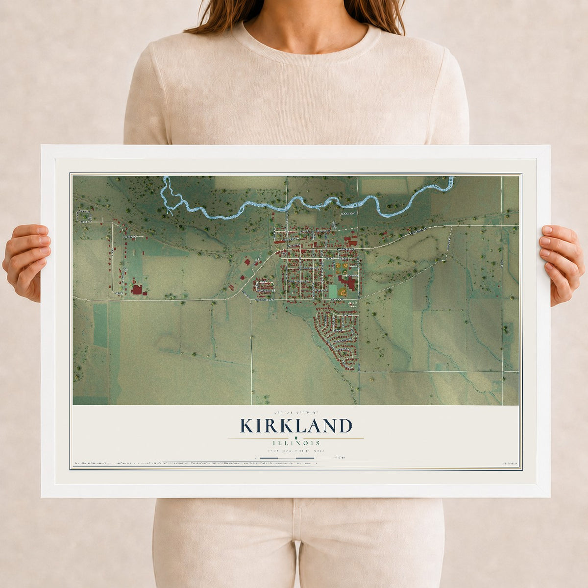 Map of Kirkland, Illinois, 12 x 18 inch print in a white wood frame